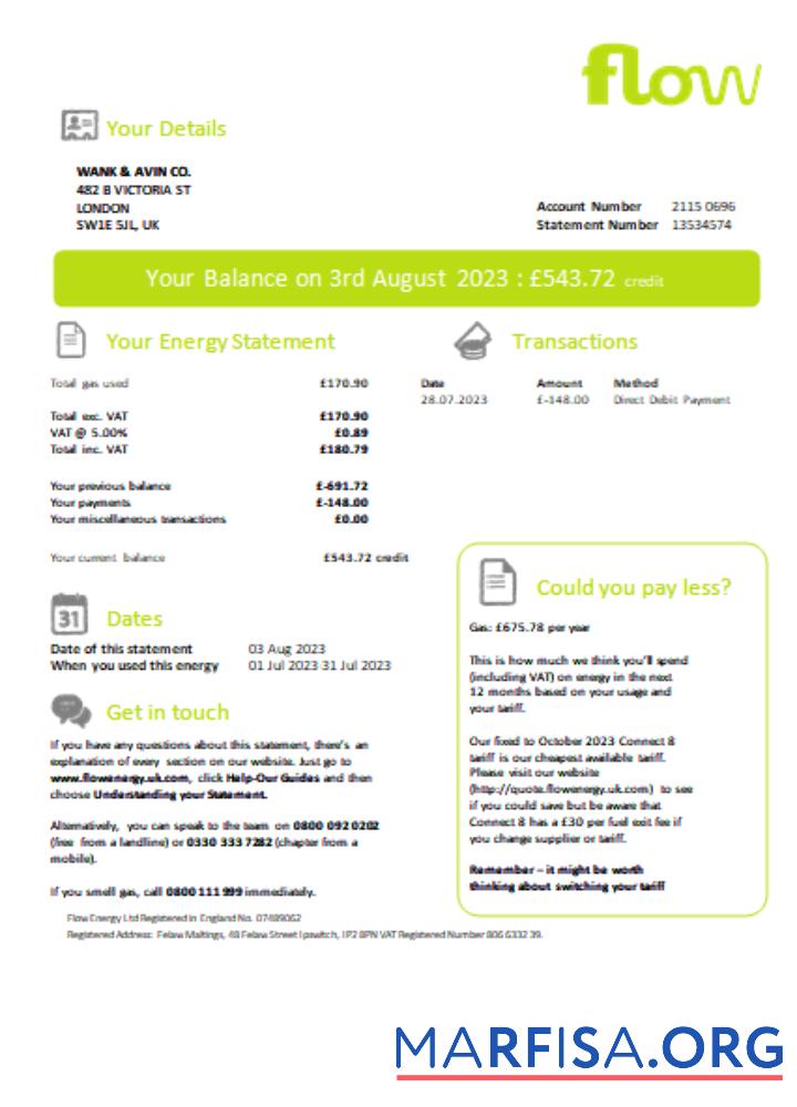 Downloadable Flow Energy utility business bill, SCR sample